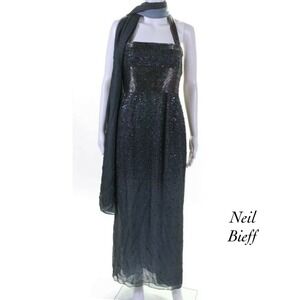 Neil Bieff Blue Gray Beaded Chiffon Corseted Halter Sashed Maxi Dress Size 0